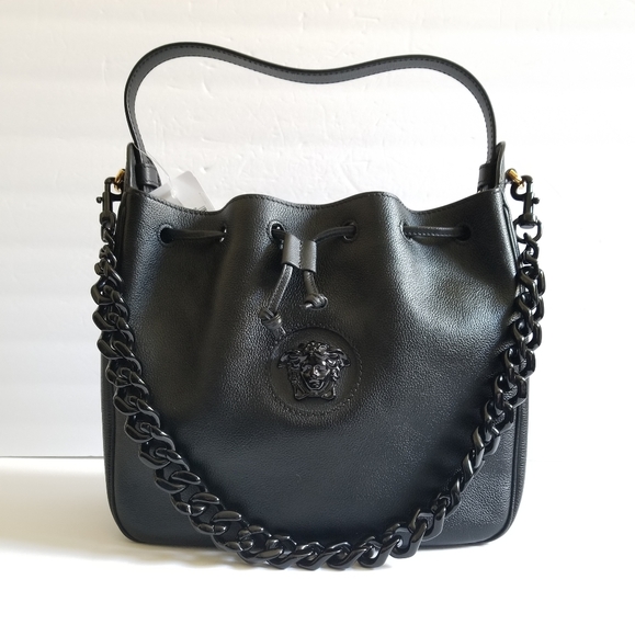 Versace La Medusa Leather Drawstring Shoulder Bag Black - Picture 3 of 14